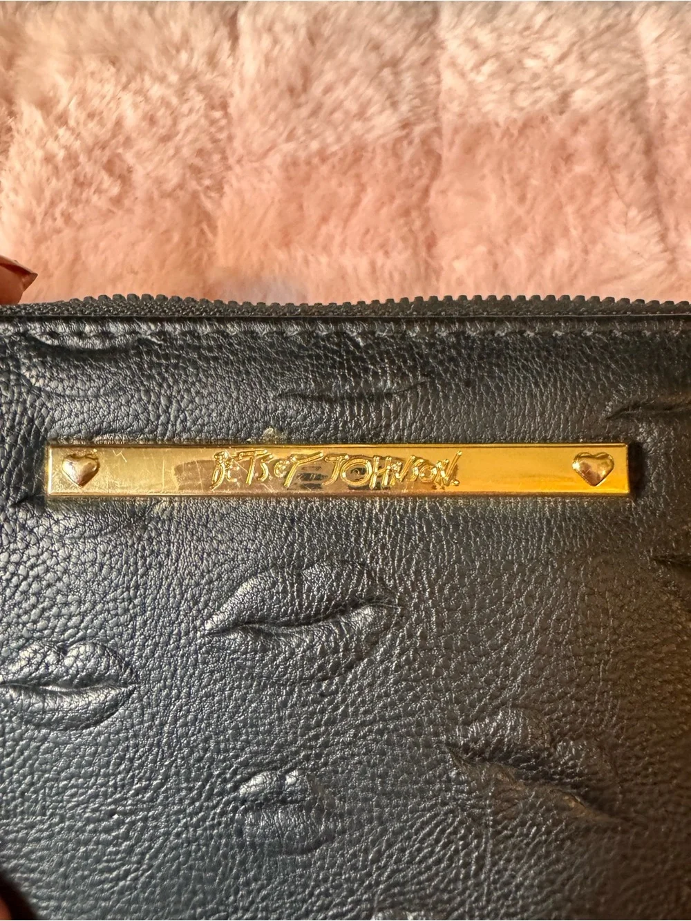 Betsey Johnson Black Embossed Lip Print Wristlet Wallet with Gold Accent